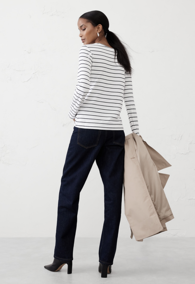 what to wear, denim, striped tee, trench coat